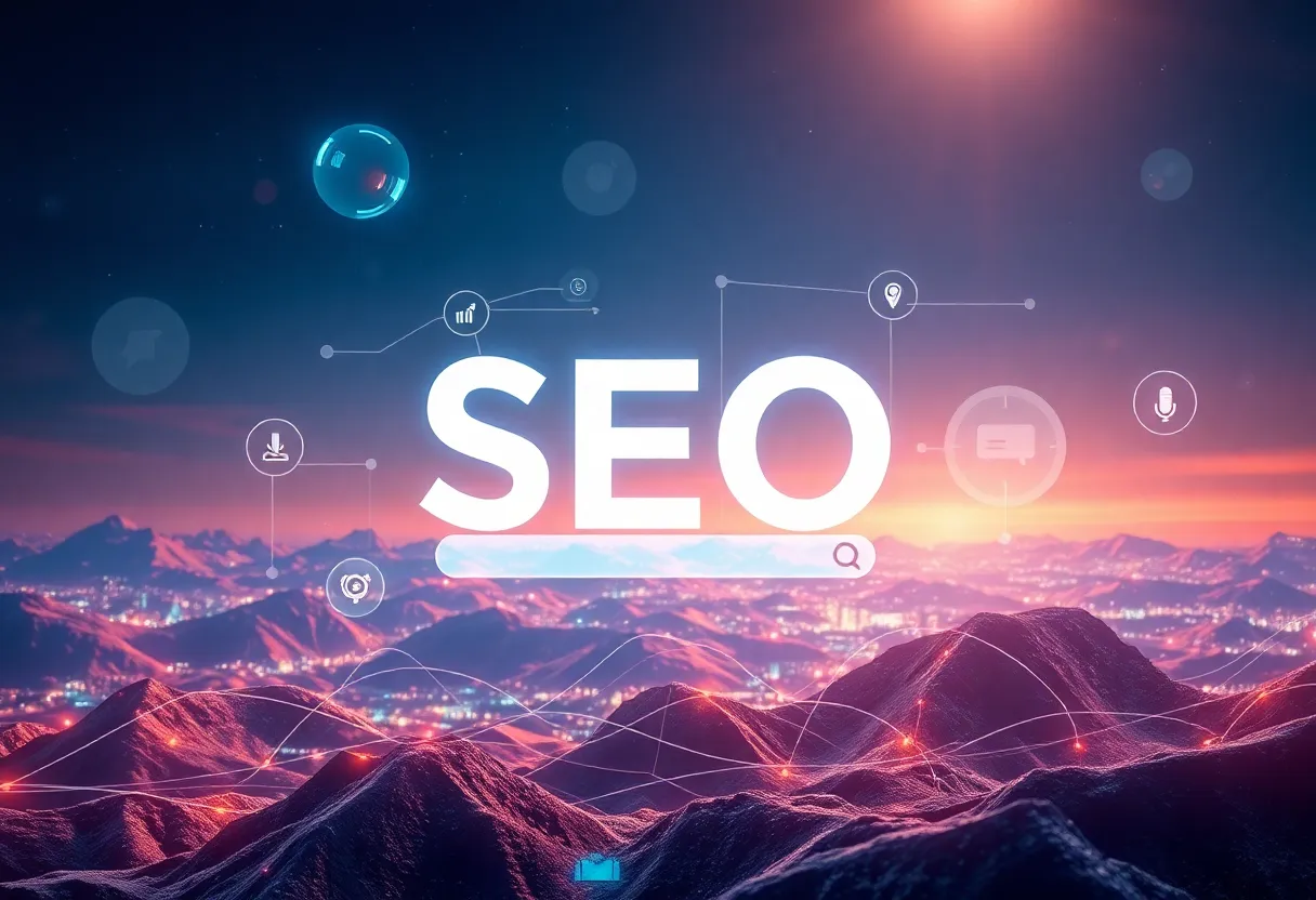 A representation of 2025 SEO trends showcasing AI technology and voice search.