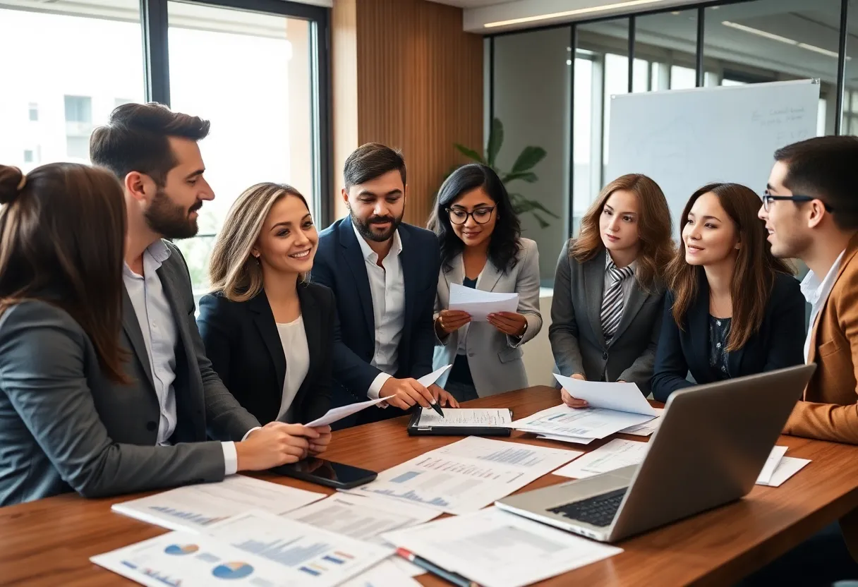Professionals in a corporate office discussing Shyft Group's merger and financial strategies.