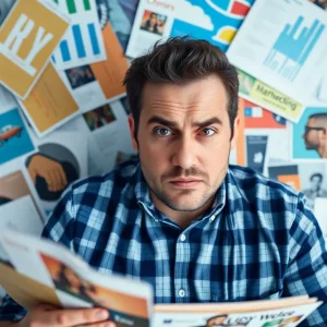 A small business owner appearing overwhelmed by marketing tasks.
