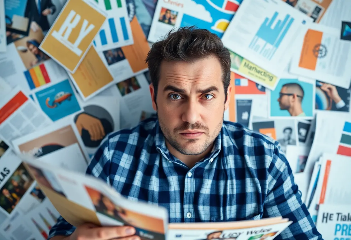 A small business owner appearing overwhelmed by marketing tasks.
