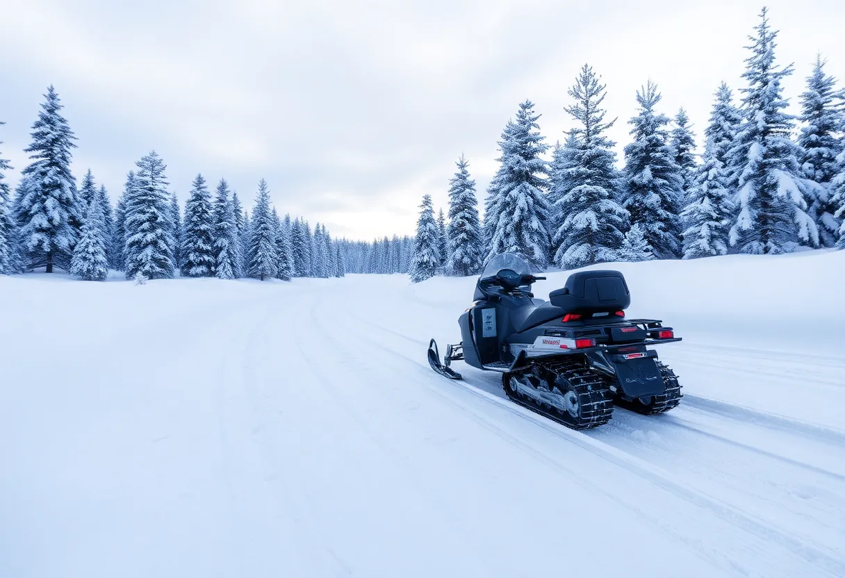Snowmobile trail in a snowy forest