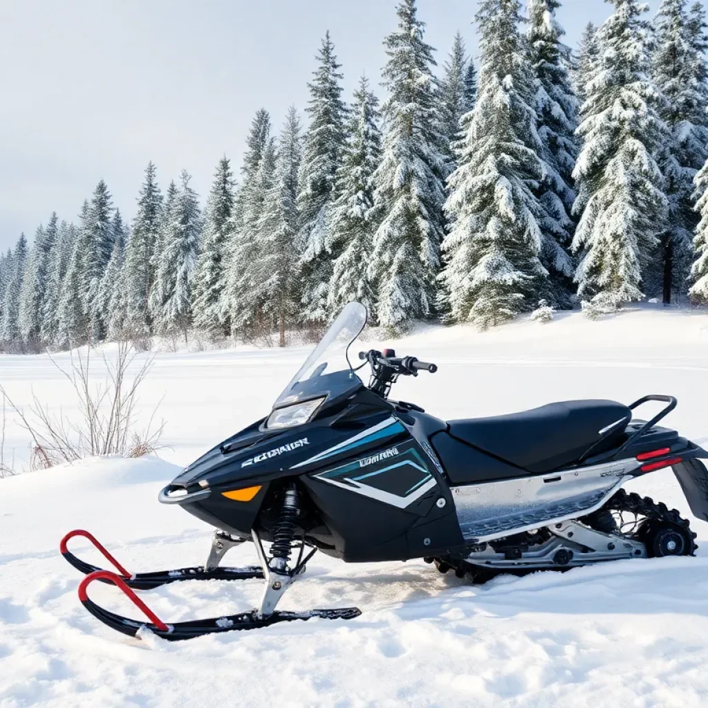 A snowmobile parked in a snowy landscape surrounded by trees.
