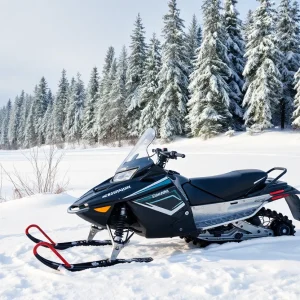 A snowmobile parked in a snowy landscape surrounded by trees.