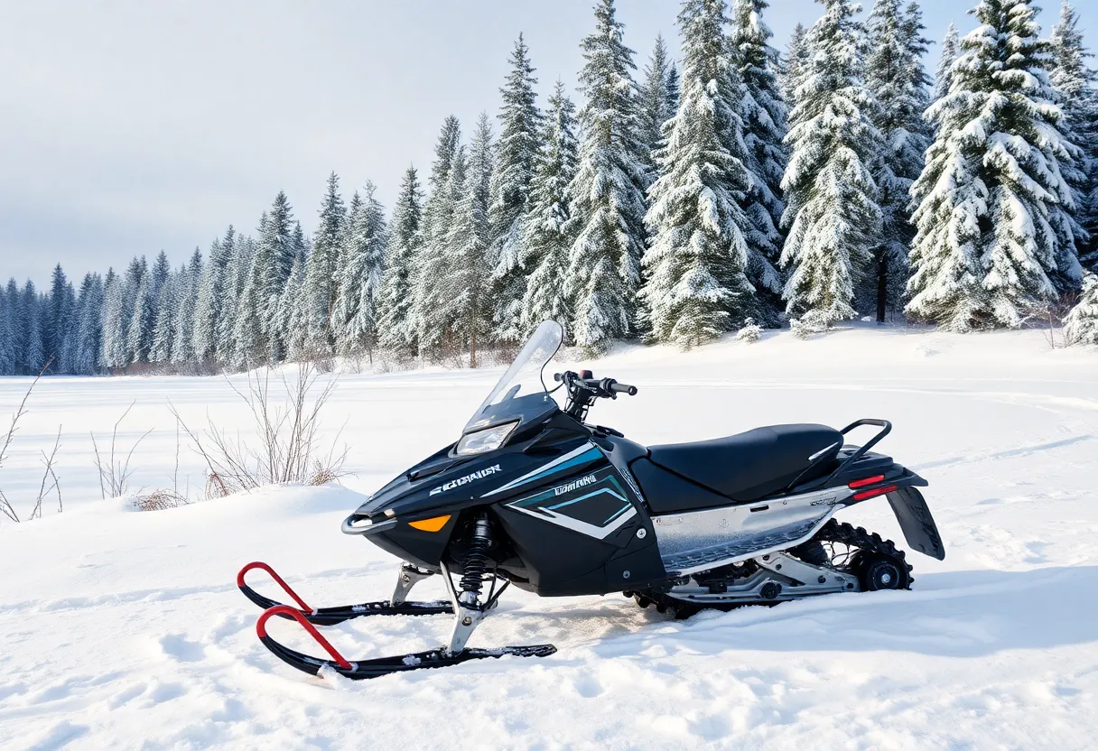 A snowmobile parked in a snowy landscape surrounded by trees.