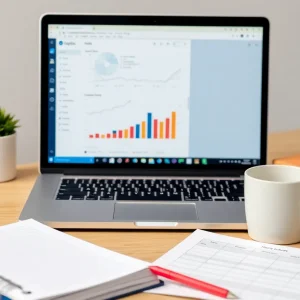 A workspace depicting social media management budgeting with analytics on a laptop.