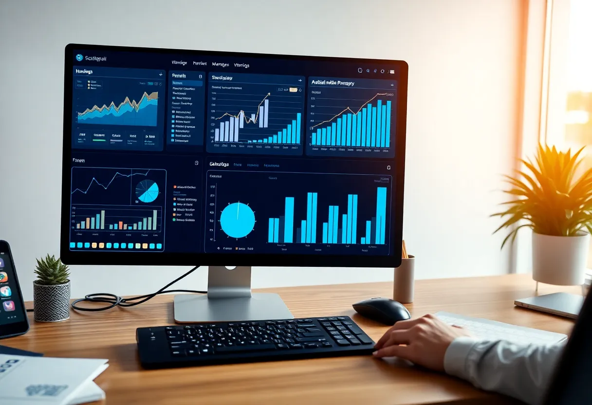 A modern workspace with social media management tools displayed on multiple screens.