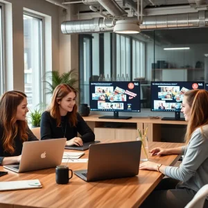 Young professionals collaborating on social media marketing strategies