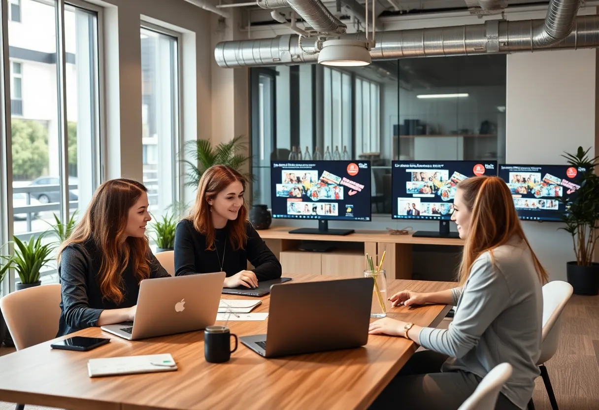 Young professionals collaborating on social media marketing strategies