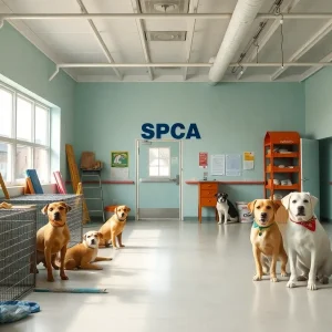 Bright and welcoming SPCA facility with playful puppies