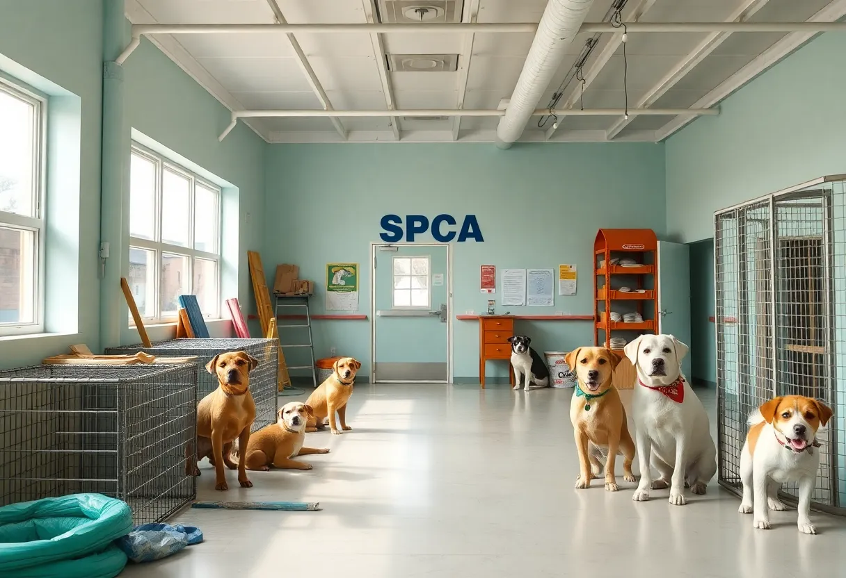 Bright and welcoming SPCA facility with playful puppies
