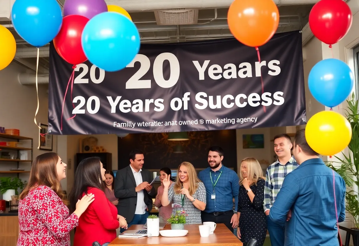 Team at Thought For Food & Son celebrating their 20th anniversary in a colorful office setting.