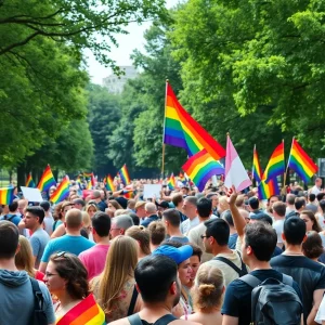 Colorful pride celebration with people holding rainbow flags
