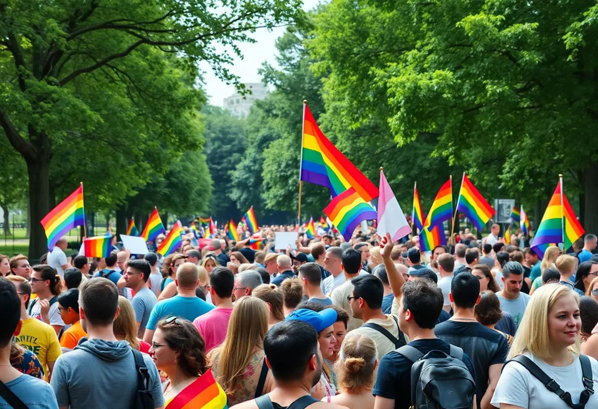Colorful pride celebration with people holding rainbow flags