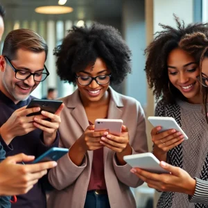 A group of diverse individuals interacting with social media platforms.