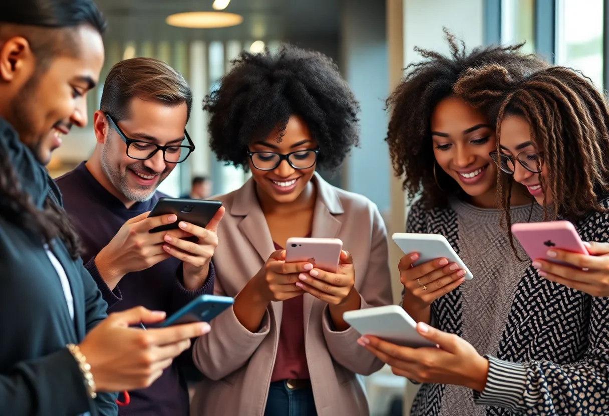 A group of diverse individuals interacting with social media platforms.
