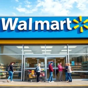 Exterior view of a newly redesigned Walmart store.