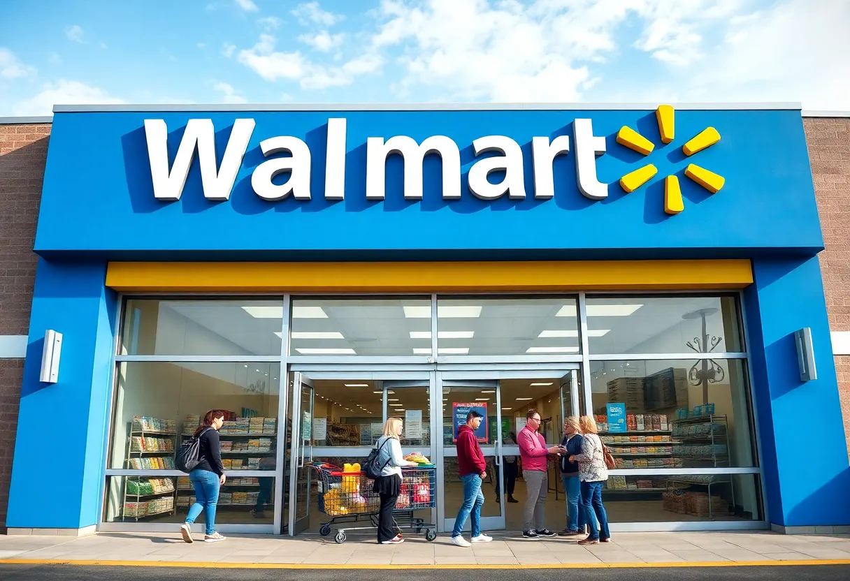 Exterior view of a newly redesigned Walmart store.