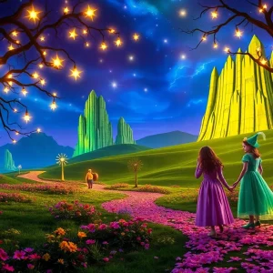 Whimsical landscape from Wicked For Good with floating lights