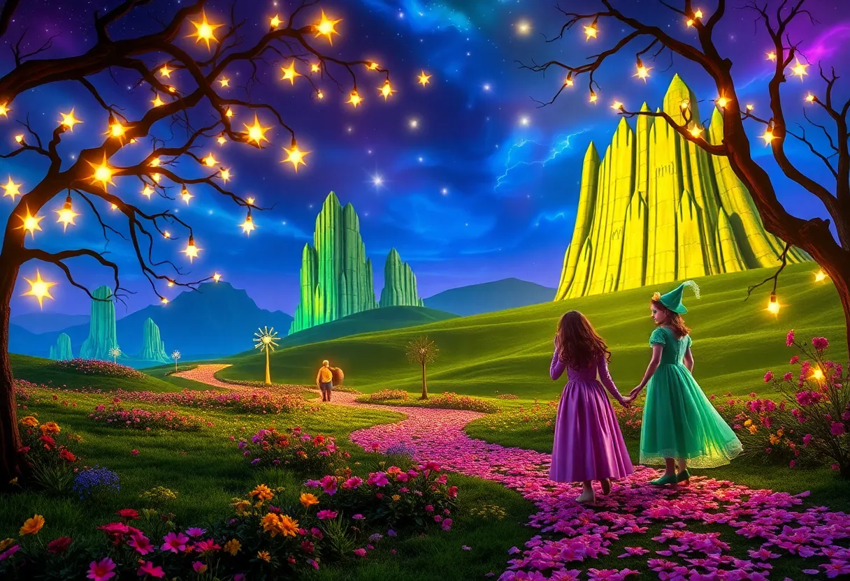 Whimsical landscape from Wicked For Good with floating lights