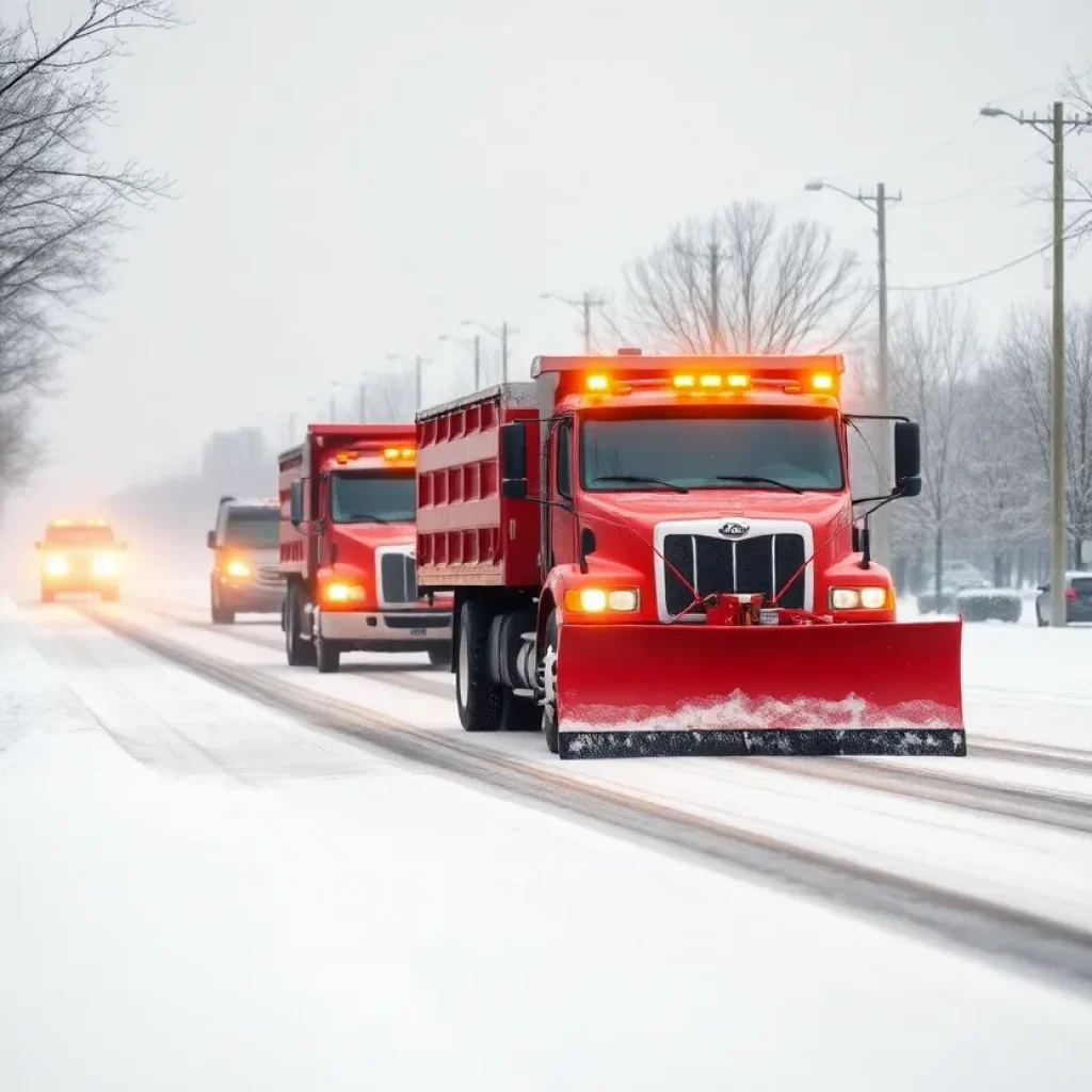 Trucks applying beet juice mixture on snowy roads in Novi