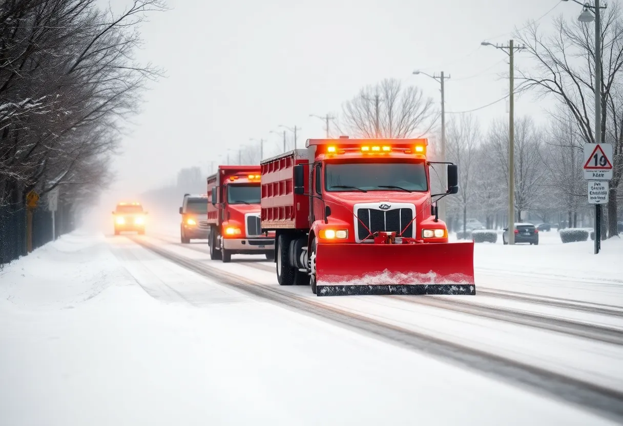 Trucks applying beet juice mixture on snowy roads in Novi