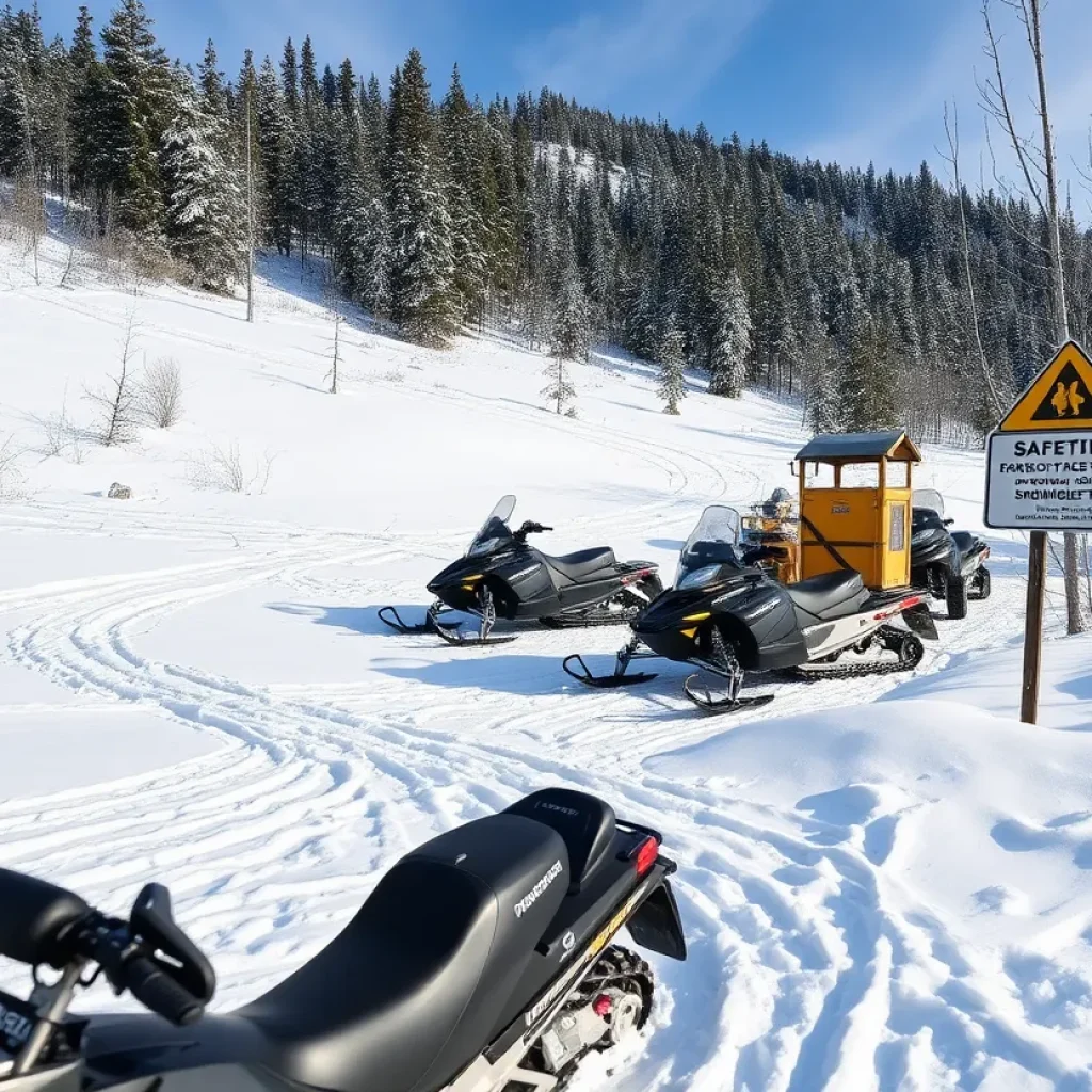 Snowmobiles parked on a snowy trail with a warning sign.