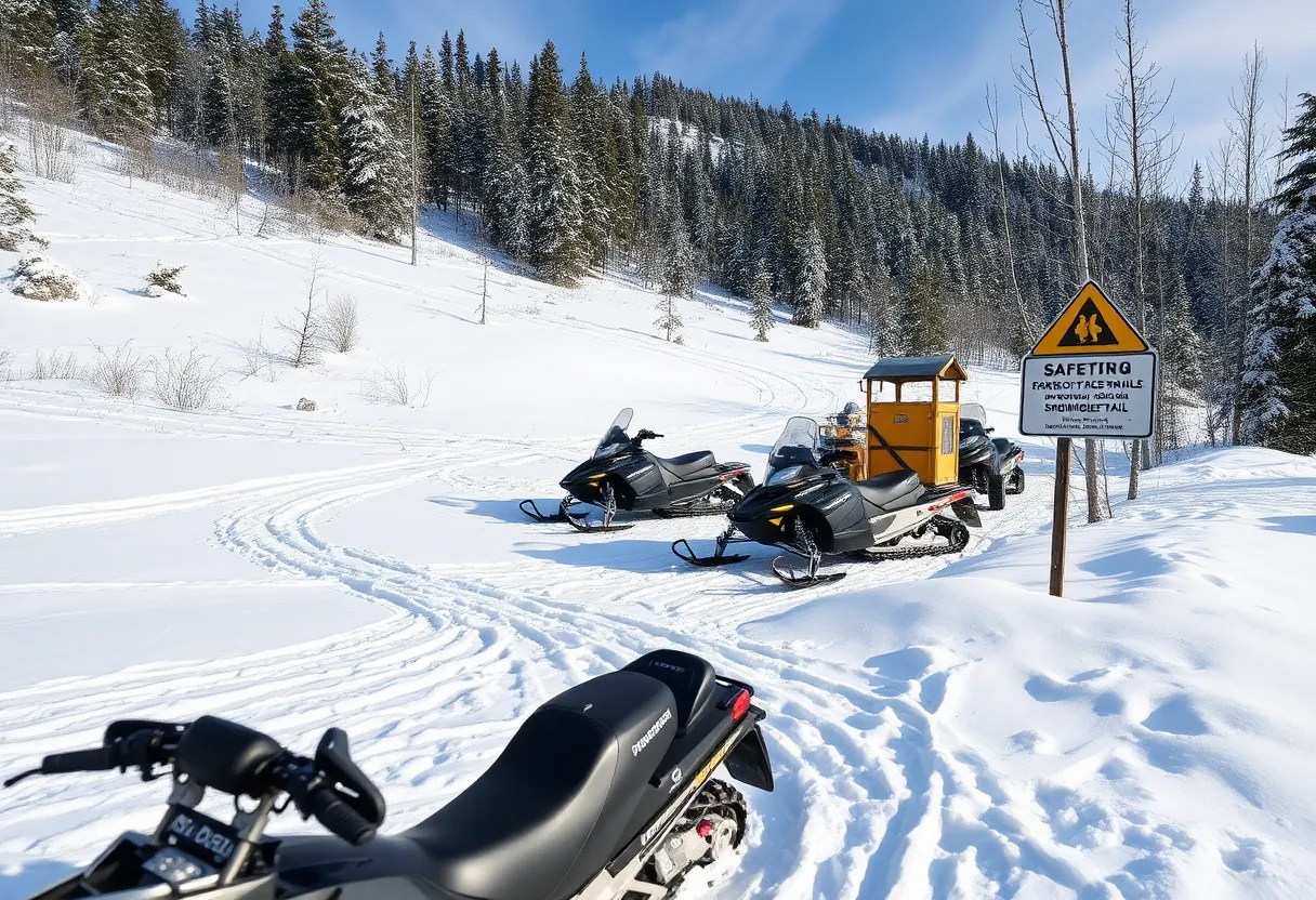 Snowmobiles parked on a snowy trail with a warning sign.