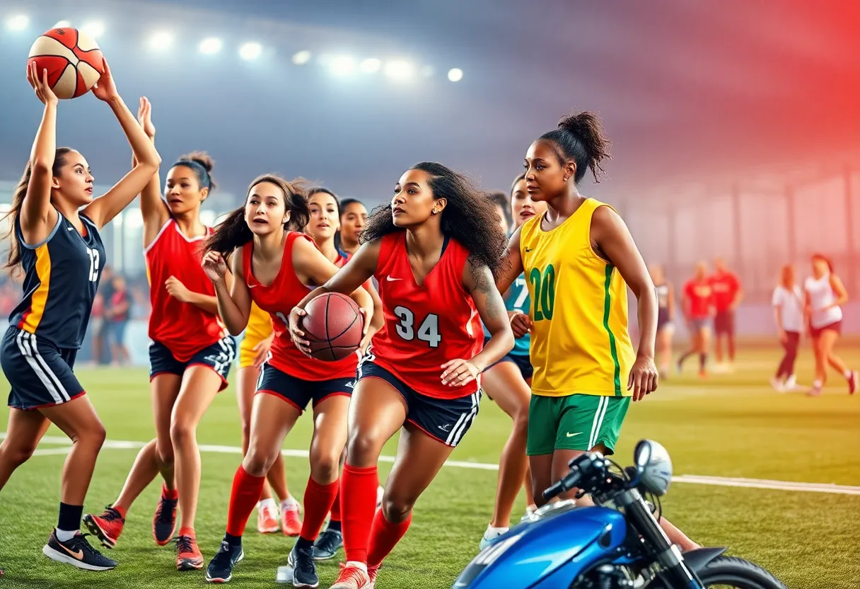 Women athletes showcasing teamwork in basketball, soccer, and motorsports.