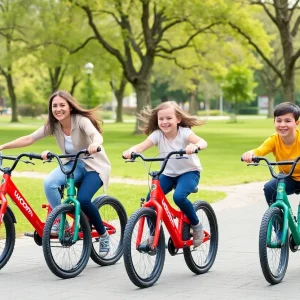 A family riding Woom bikes in a scenic park.