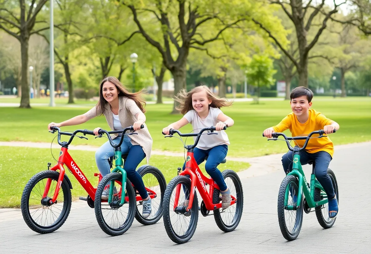 A family riding Woom bikes in a scenic park.