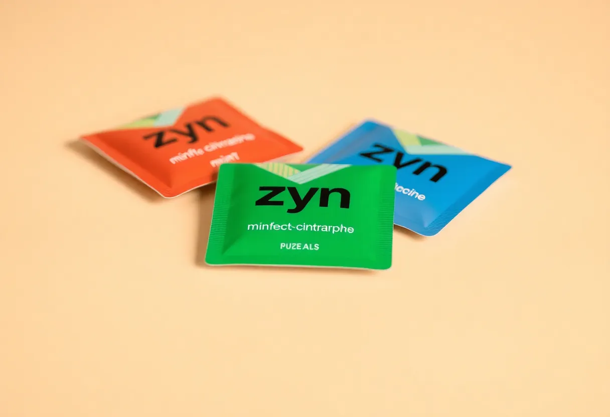 Zyn nicotine pouches in multiple flavors on a plain background.