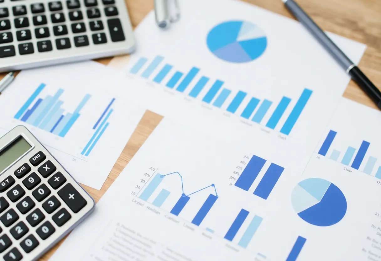 Calculator and charts on a desk representing budgeting strategy.
