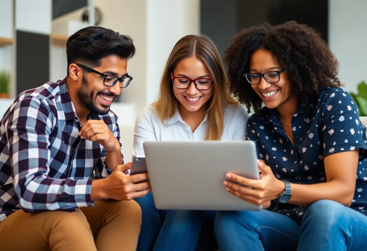 Diverse group collaborating online through digital devices.