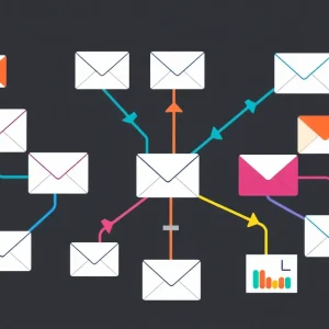 Diverse email icons connected by colorful arrows and charts.