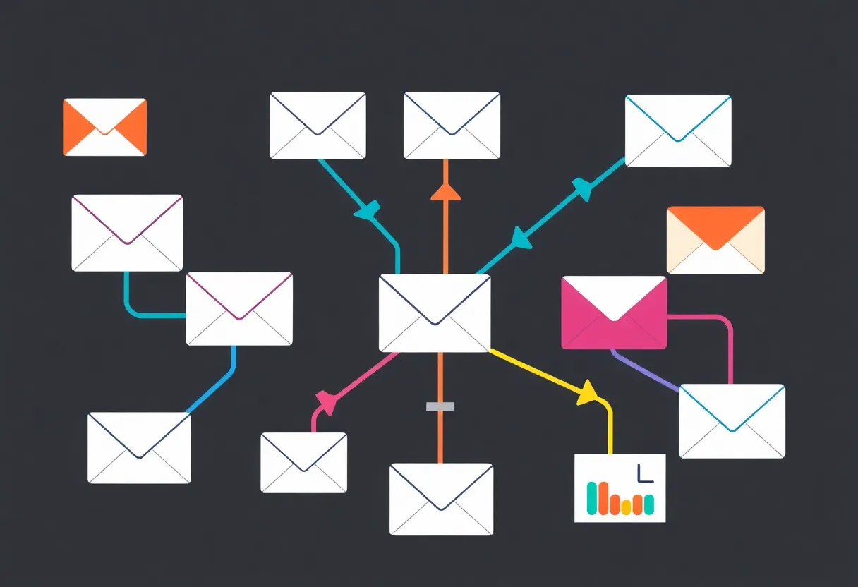 Diverse email icons connected by colorful arrows and charts.
