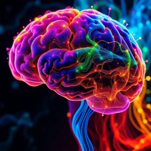 Brain visualizations with colorful data flow representations.