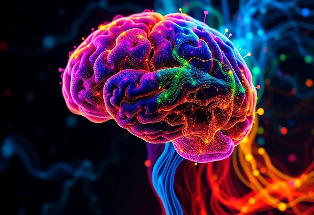 Brain visualizations with colorful data flow representations.