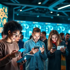 Illustration depicting diverse individuals engaging with social media technologies