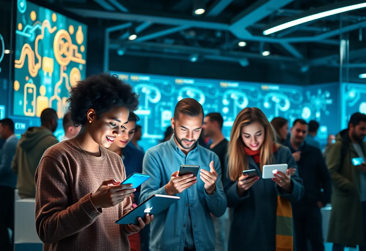 Illustration depicting diverse individuals engaging with social media technologies