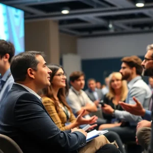 Conference attendees discussing AI technology and ethics