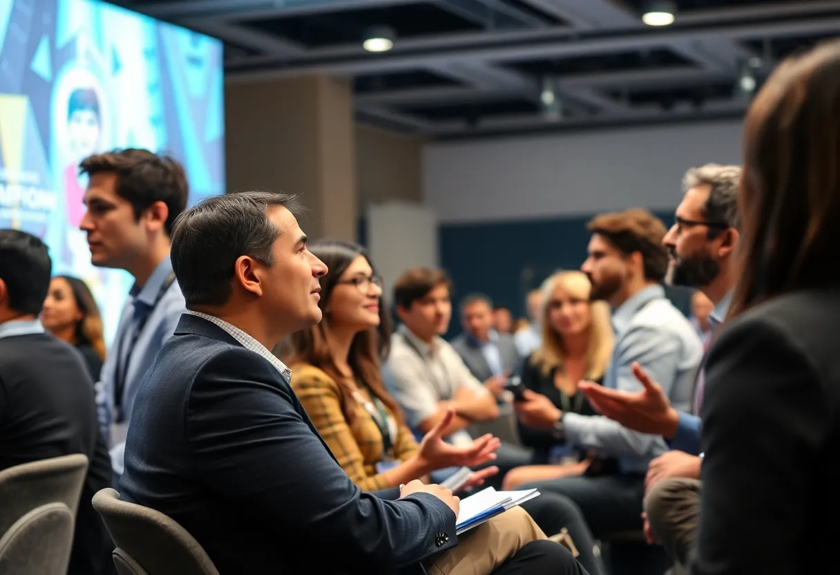Conference attendees discussing AI technology and ethics