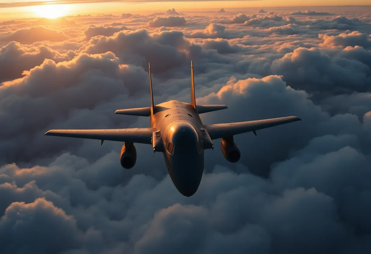 A military aircraft in the sky amidst clouds