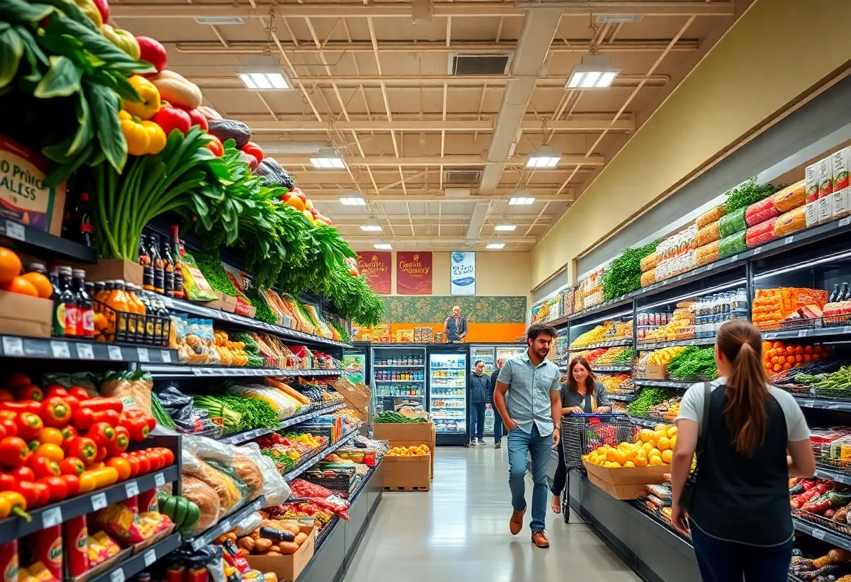 Interior of a new Aldi grocery store with fresh produce and shoppers.