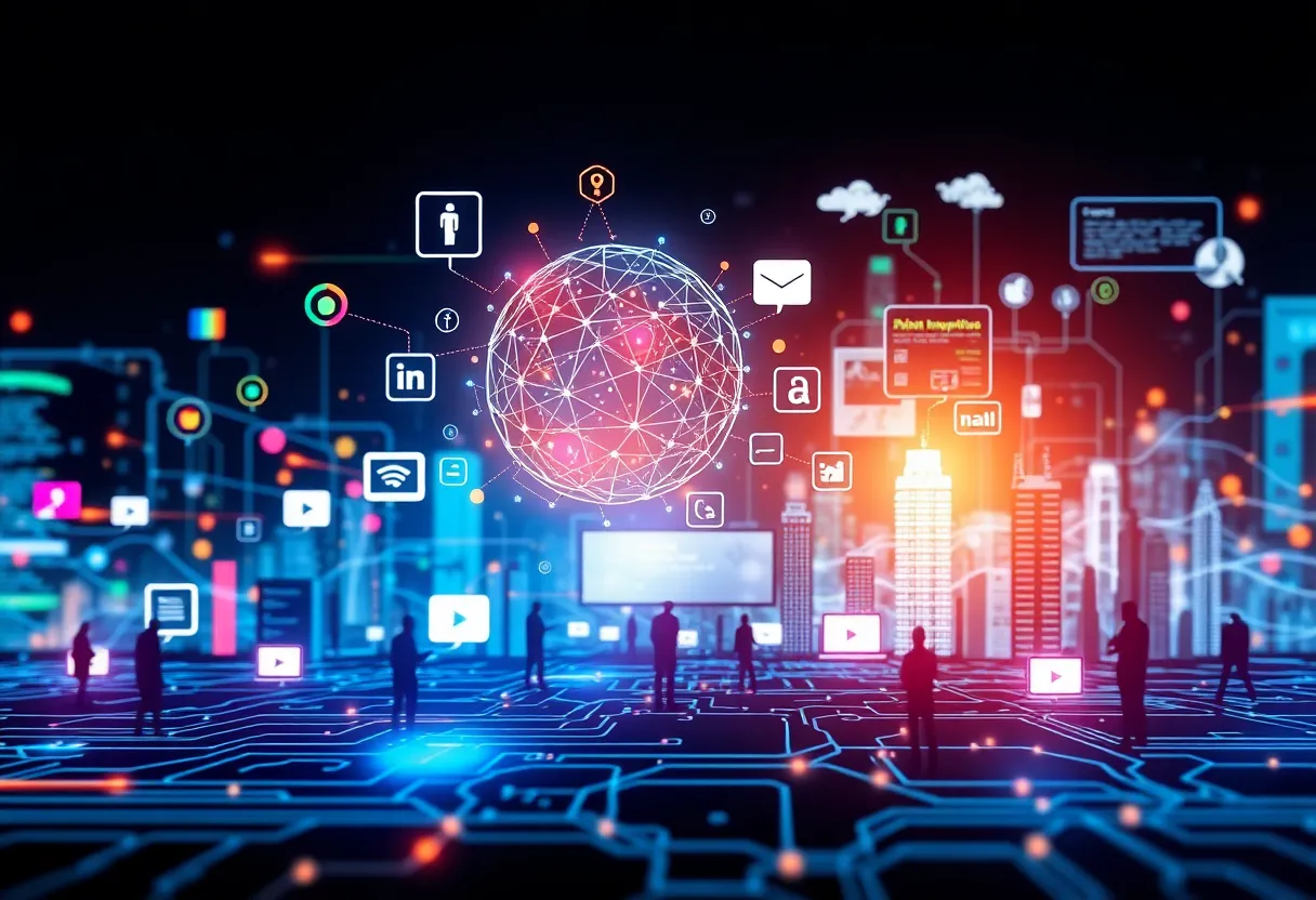 Illustration of B2B marketing trends showcasing AI and social media strategies.