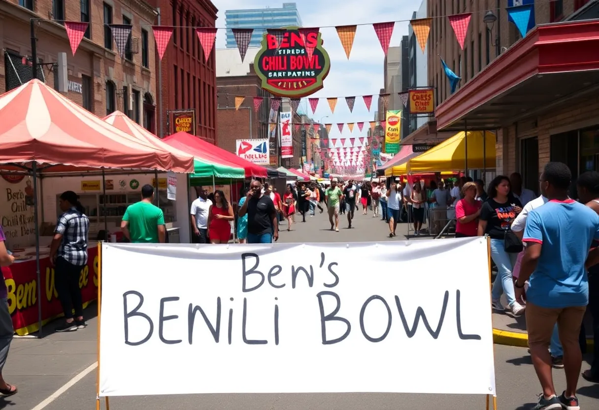 Crowd enjoying the 60th anniversary festival of Ben's Chili Bowl with food booths and live music.