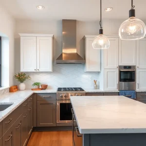 Showcasing different kitchen countertop materials in a kitchen setting.