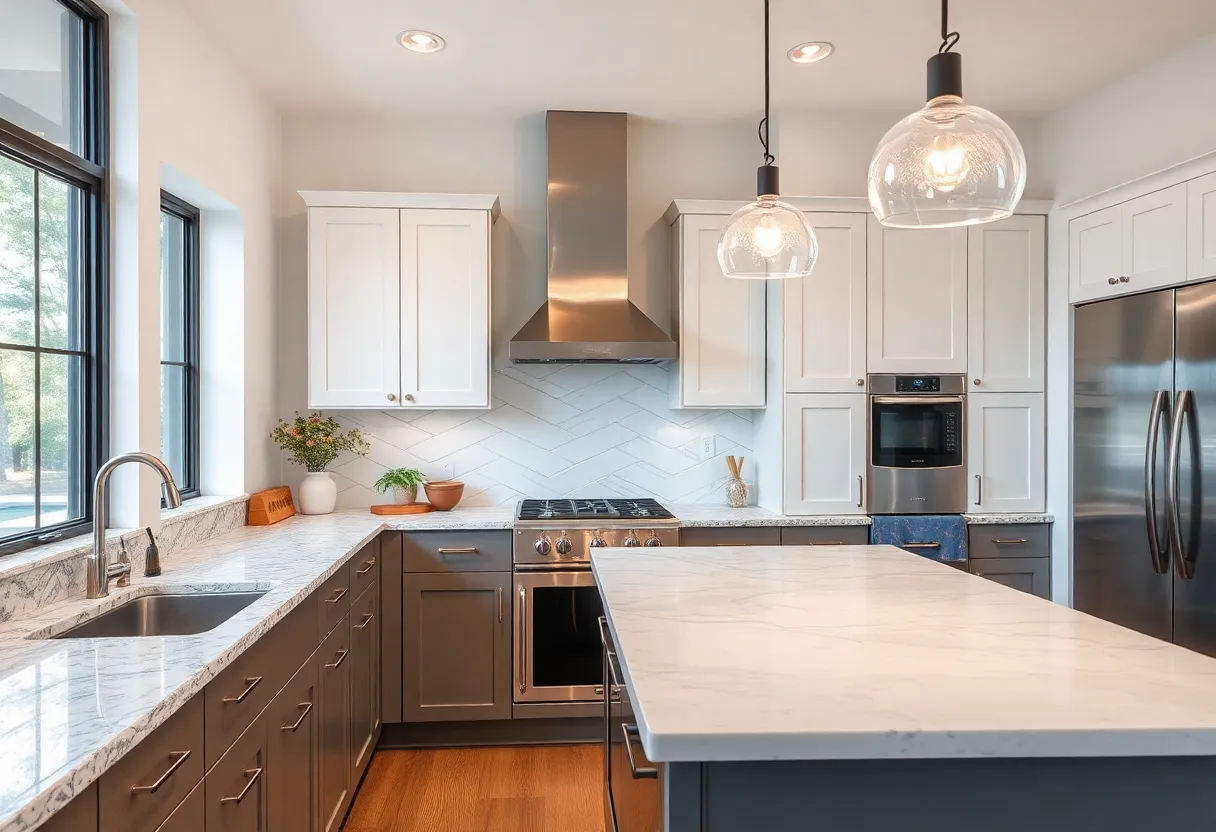 Showcasing different kitchen countertop materials in a kitchen setting.