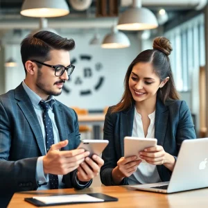 A businessman and woman discussing branding strategies for 2025