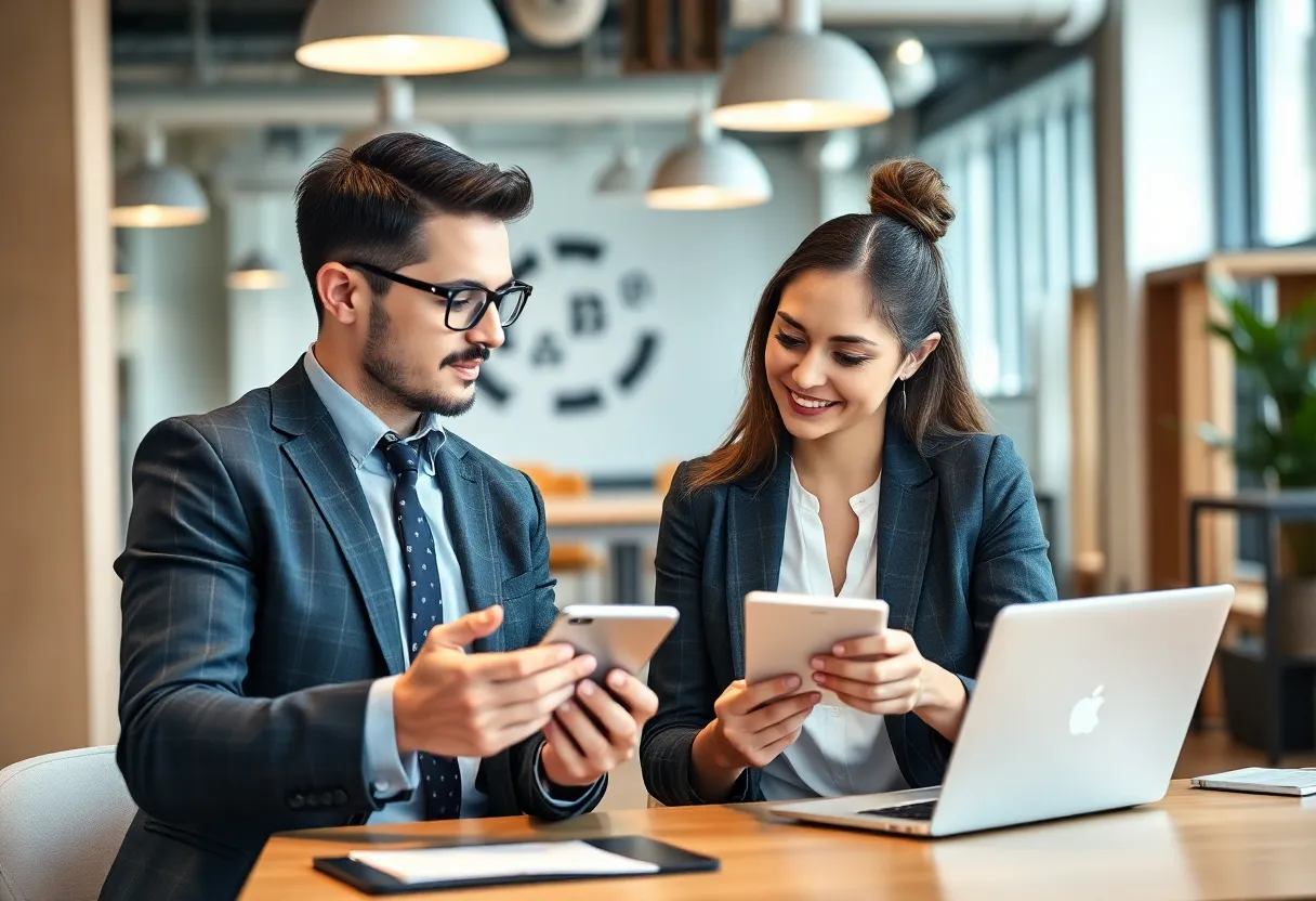 A businessman and woman discussing branding strategies for 2025