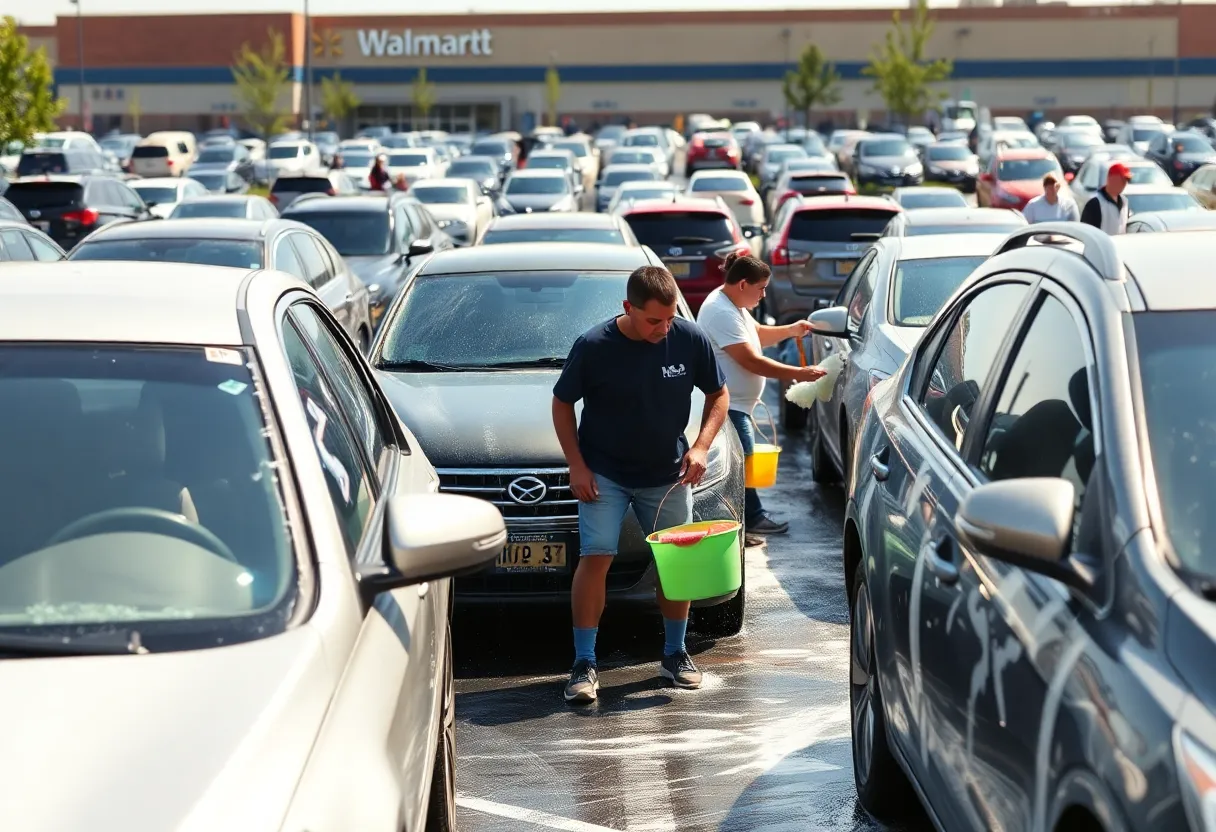 Individuals washing cars in a Walmart parking lot as part of a unique shoplifting punishment.